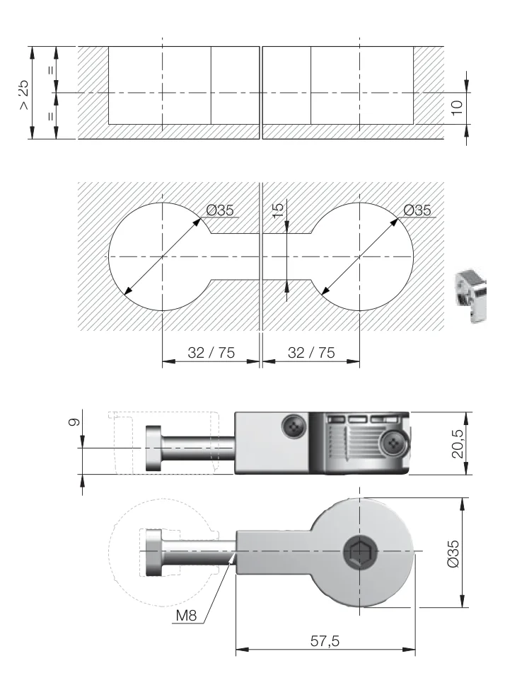 Desen tehnic cu dimensiuni — Quick Conector pentru îmbinare blat