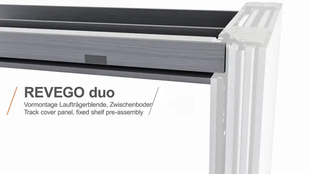 REVEGO duo Versiunea 2025 – premontarea elementului de acoperire pentru șina mecanismului de glisare și a raftului intermediar