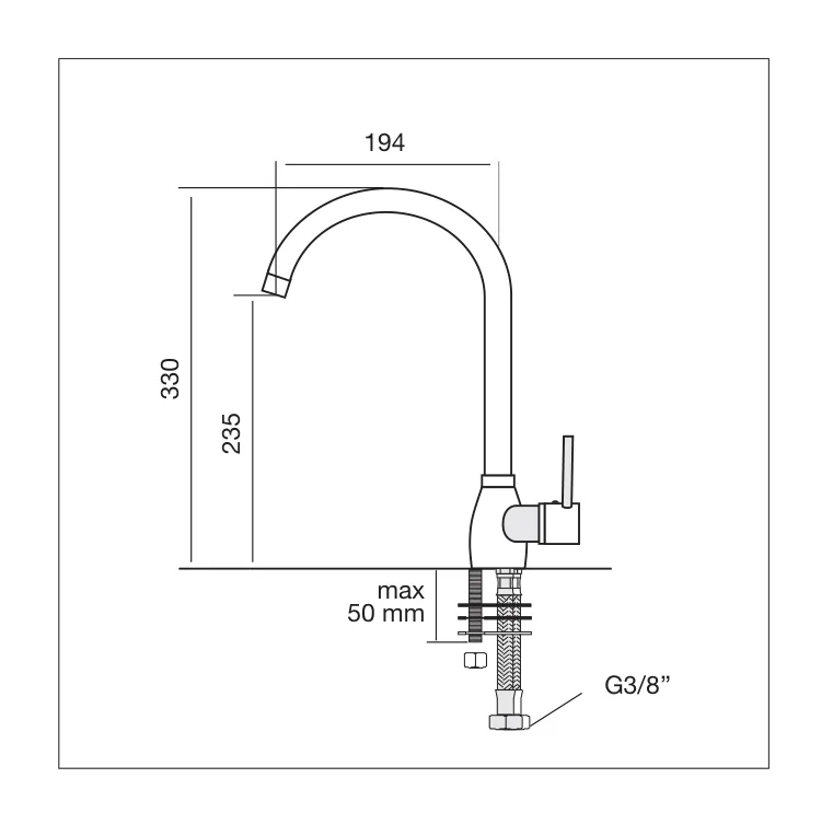 Desen tehnic cu dimensiuni — Baterie de bucătărie crom