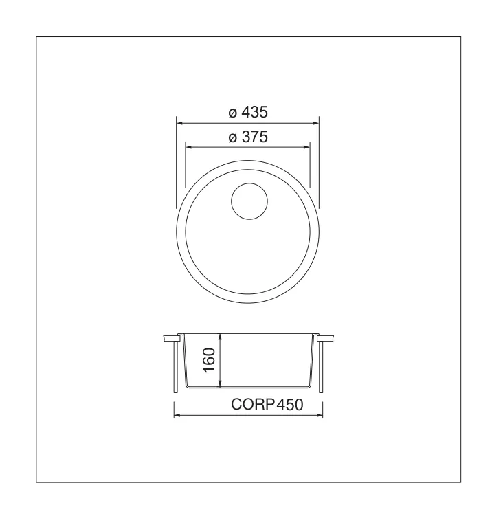 Desen tehnic cu dimensiuni — Chiuvetă inox rotundă Cinzia