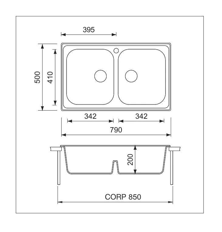 Desen tehnic cu dimensiuni — Chiuvetă inox Cristal