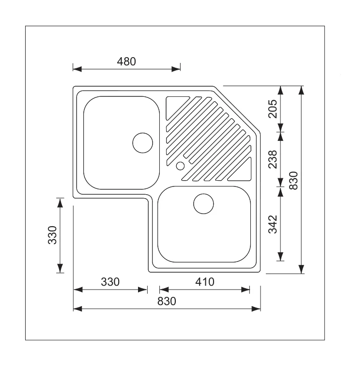 Desen tehnic cu dimensiuni — Chiuvetă inox de colț Ilaria