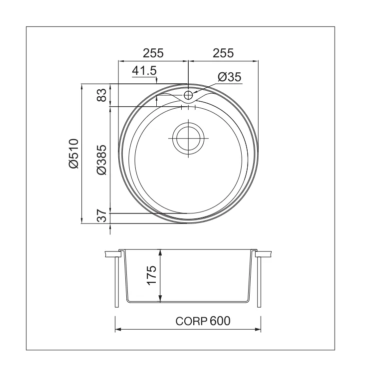 Desen tehnic cu dimensiuni — Chiuvetă inox Point