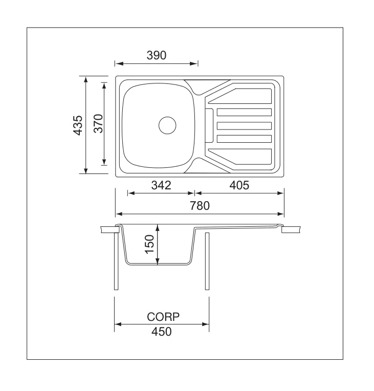 Desen tehnic cu dimensiuni — Chiuvetă inox Point