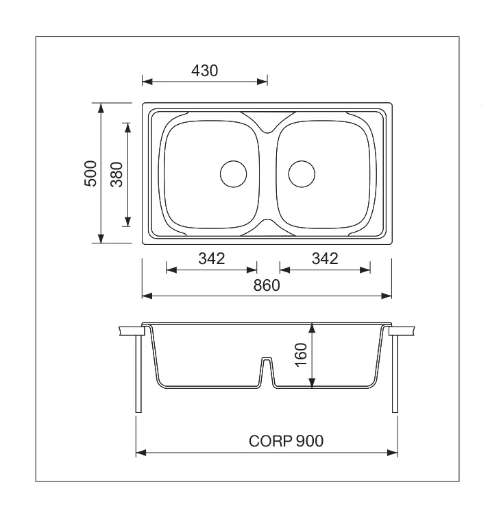 Model 015444 · 2 cuve · 860 mm — Chiuvetă inox Universal