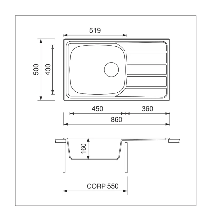 Model 015440 · 1 cuvă mare + picurător · 860 mm — Chiuvetă inox Universal