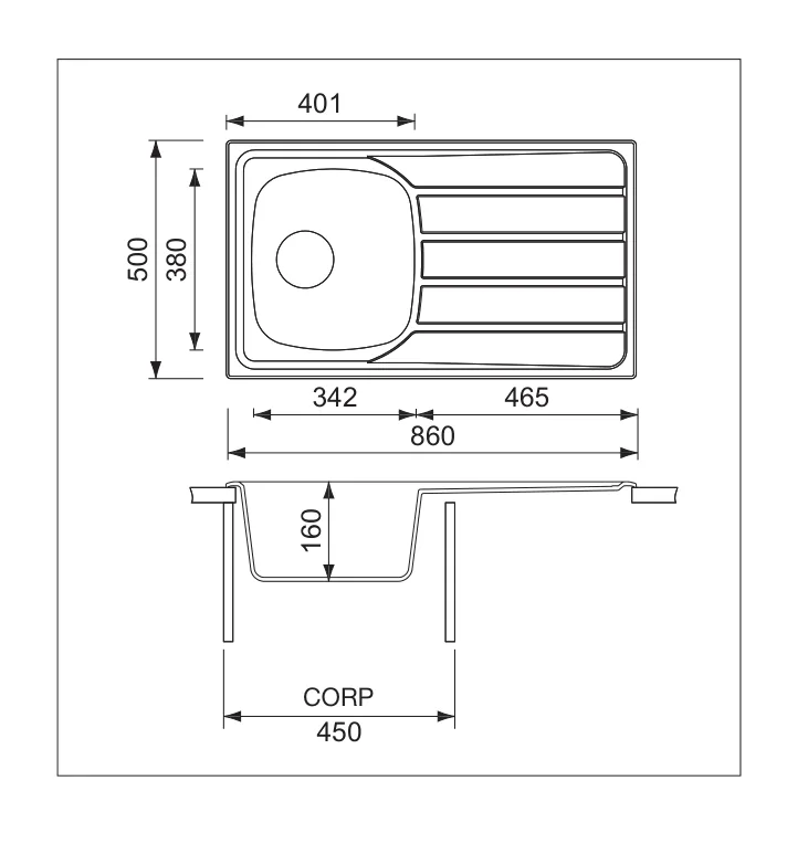 Model 015443 · 1 cuvă + picurător · 860 mm — Chiuvetă inox Universal