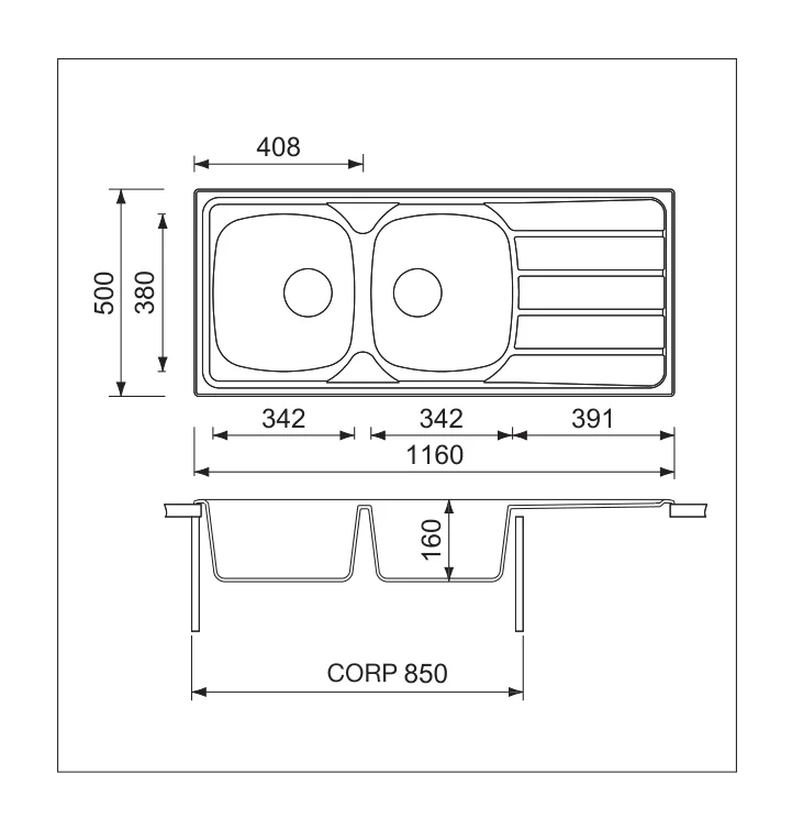 Model 015447 · 2 cuve + picurător · 1160 mm — Chiuvetă inox Universal