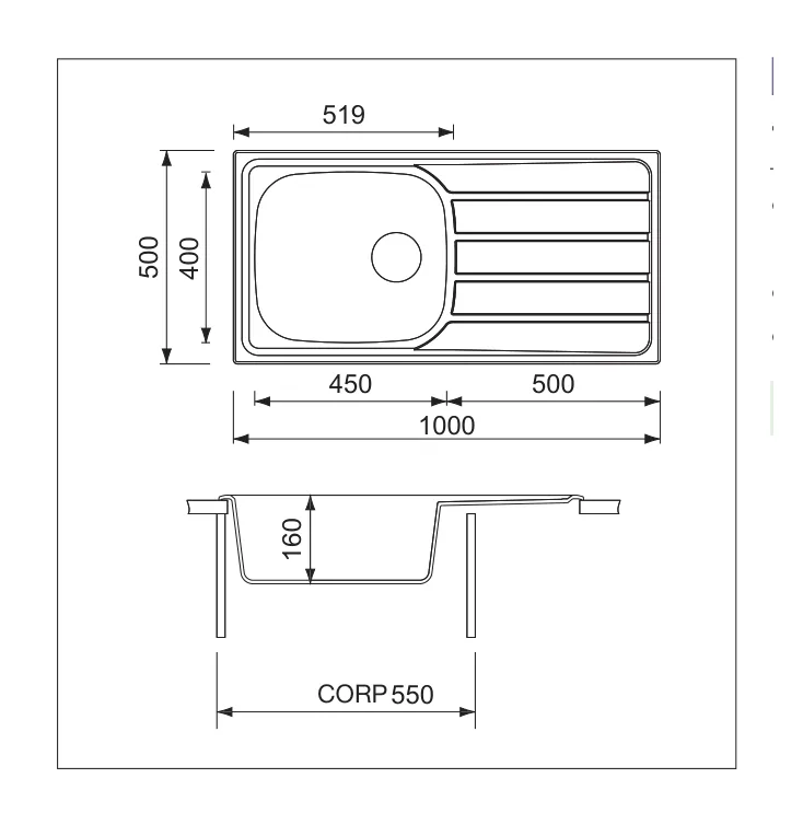 Model 015446 · 1 cuvă + picurător · 1000 mm — Chiuvetă inox Universal
