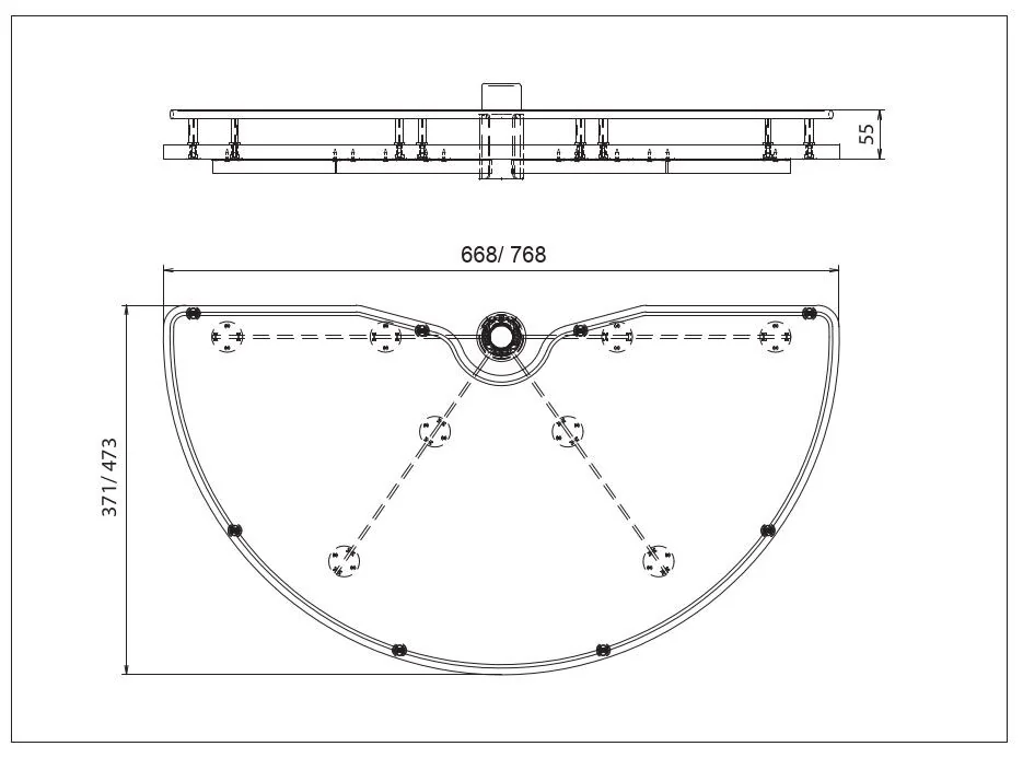 Desen tehnic cu dimensiuni — Set de coșuri semicerc KCM pentru colț