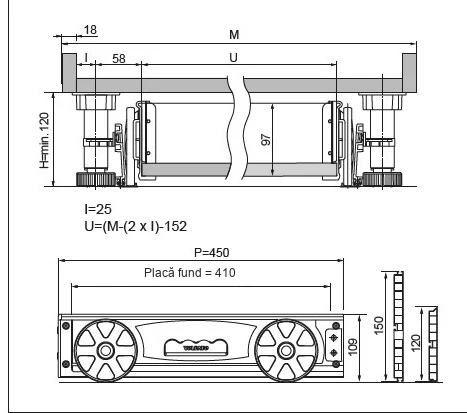 Desen tehnic cu dimensiuni — Sertar de soclu (plintă) cu role