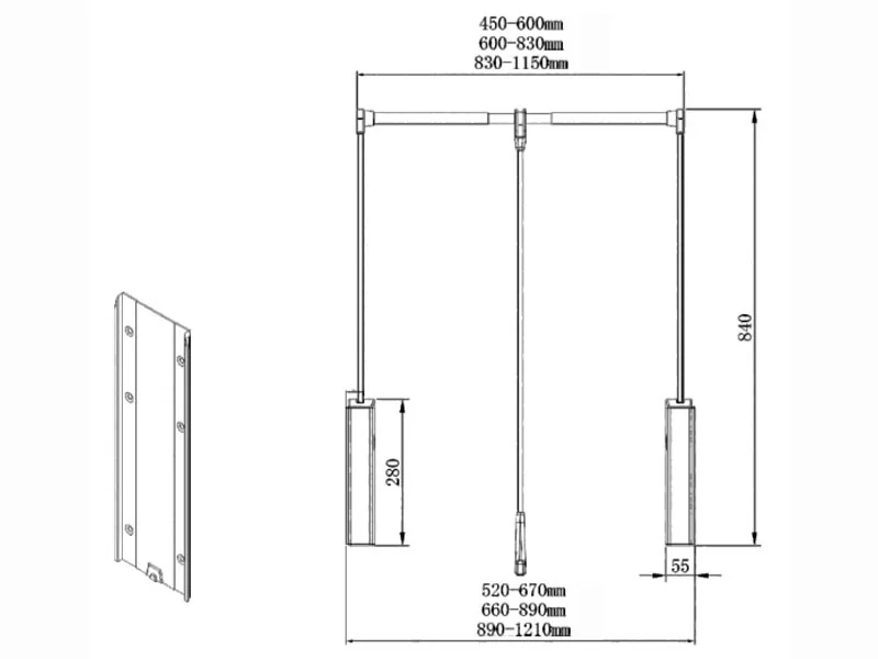 Desen tehnic cu dimensiuni — Lift de garderobă Softlift