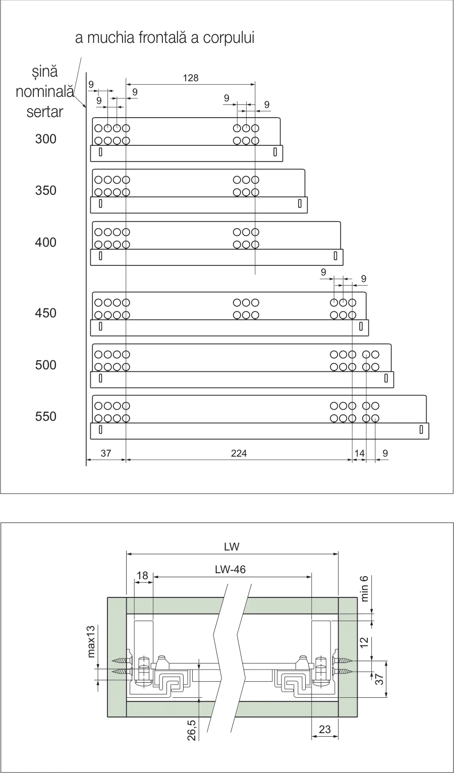Desen tehnic cu dimensiuni — Glisieră ascunsă FDS-RCSA+