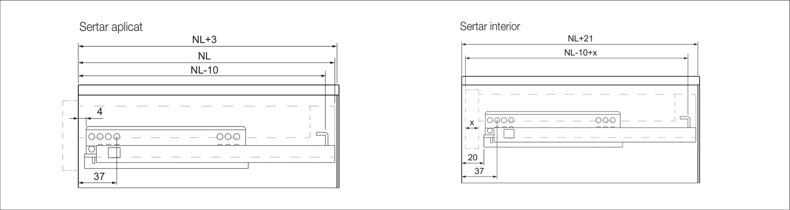 Desen tehnic cu dimensiuni — Glisieră ascunsă FDS-RCSA+