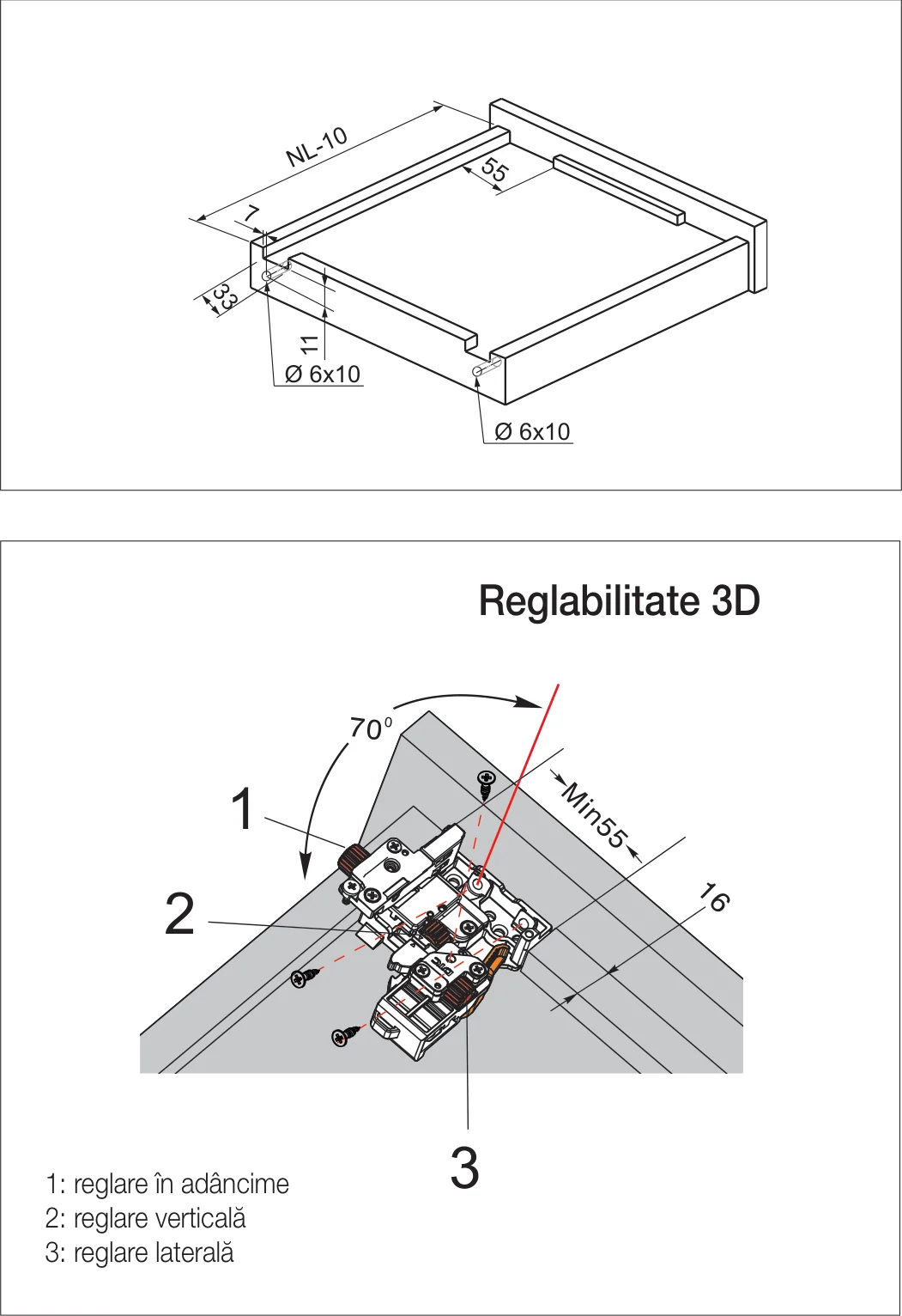 Desen tehnic cu dimensiuni — Glisieră ascunsă FDS-RCSA+