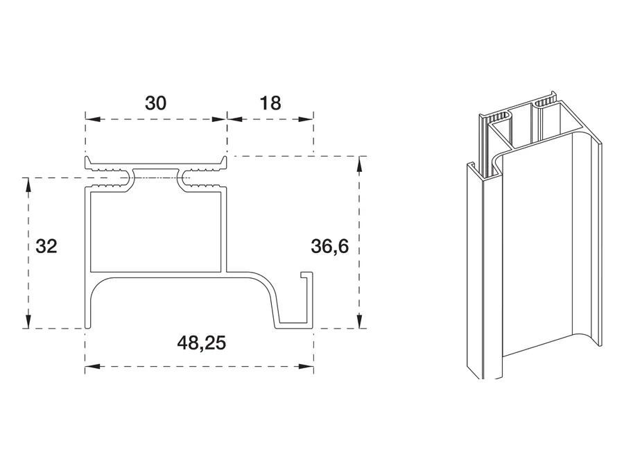 Desen tehnic cu dimensiuni — Profil Gola vertical simplu OP 1020