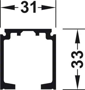 Șină de culisare superioară simplă, din aluminiu, pre-găurită, dimensiune 31 x 33 mm