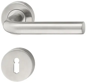 Set mânere de uşă, inox, formă de L, rozetă