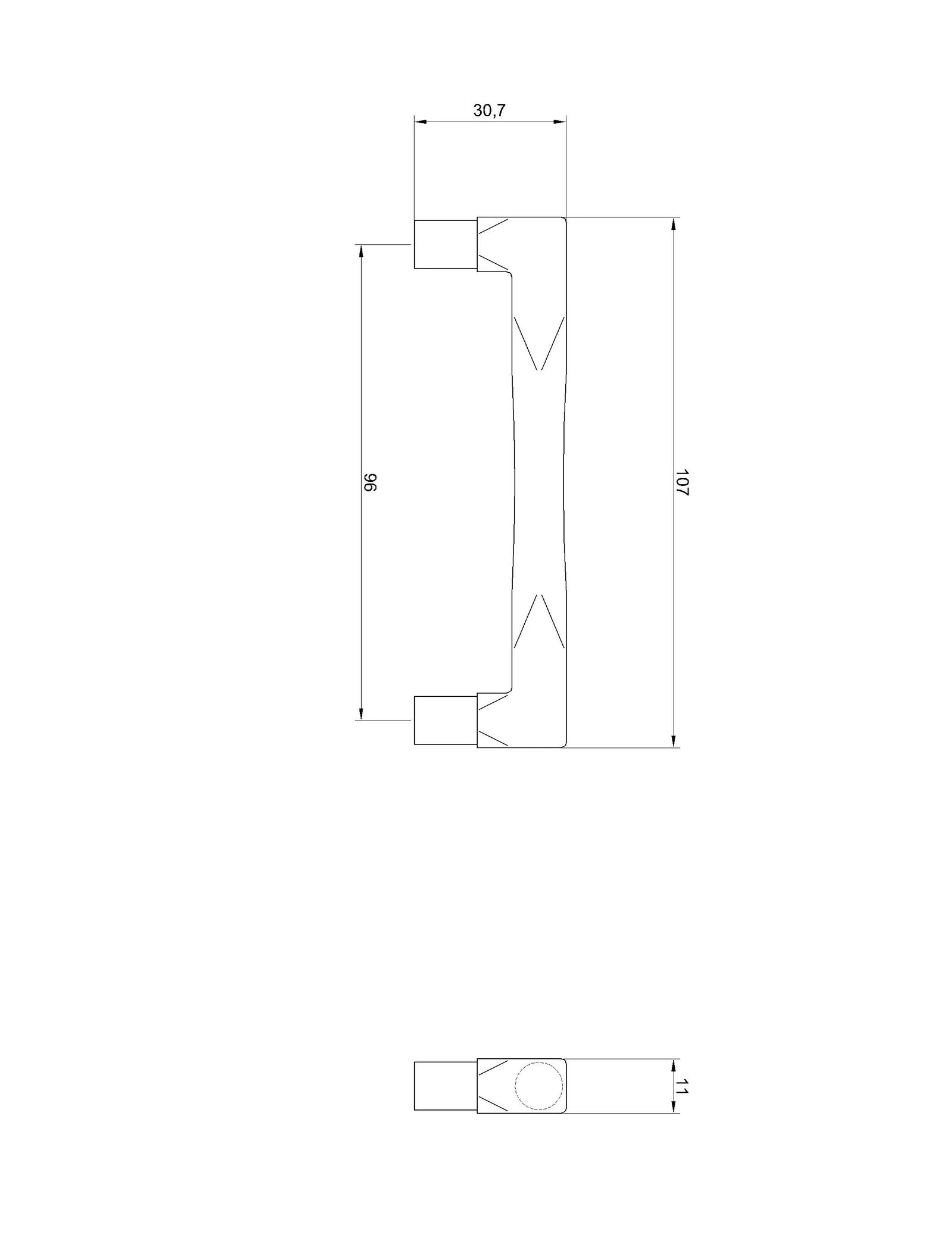 Desen tehnic cu dimensiuni — Mâner 555