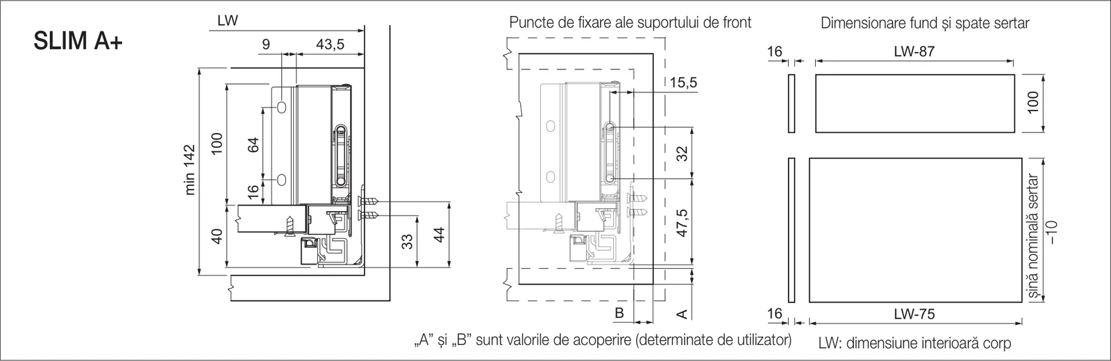 Desen tehnic cu dimensiuni — Latură de sertar SLIM DF-A+