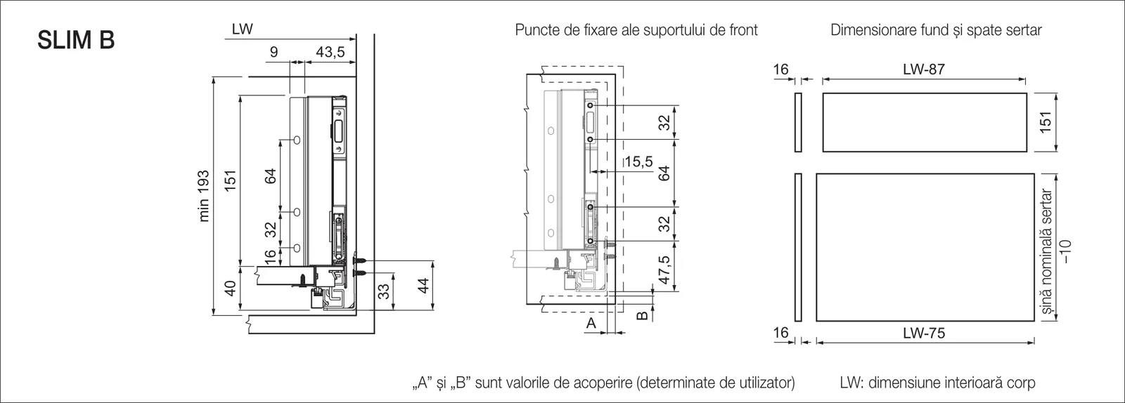 Desen tehnic cu dimensiuni — Latură de sertar SLIM DF-B