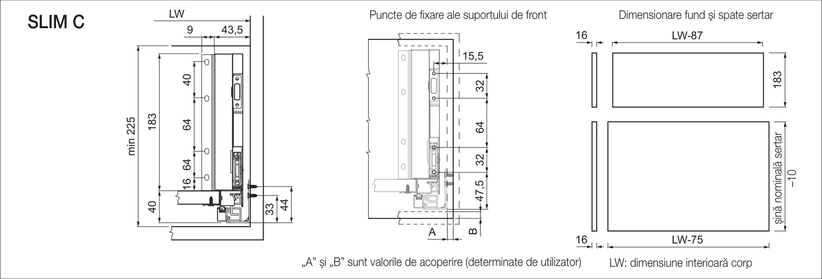 Desen tehnic cu dimensiuni — Latură de sertar SLIM DF-C